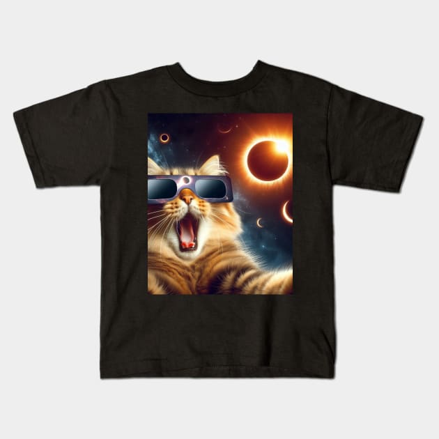 cat taking a selfie with solar 2024 eclipse wearing Glasses Kids T-Shirt by HBart